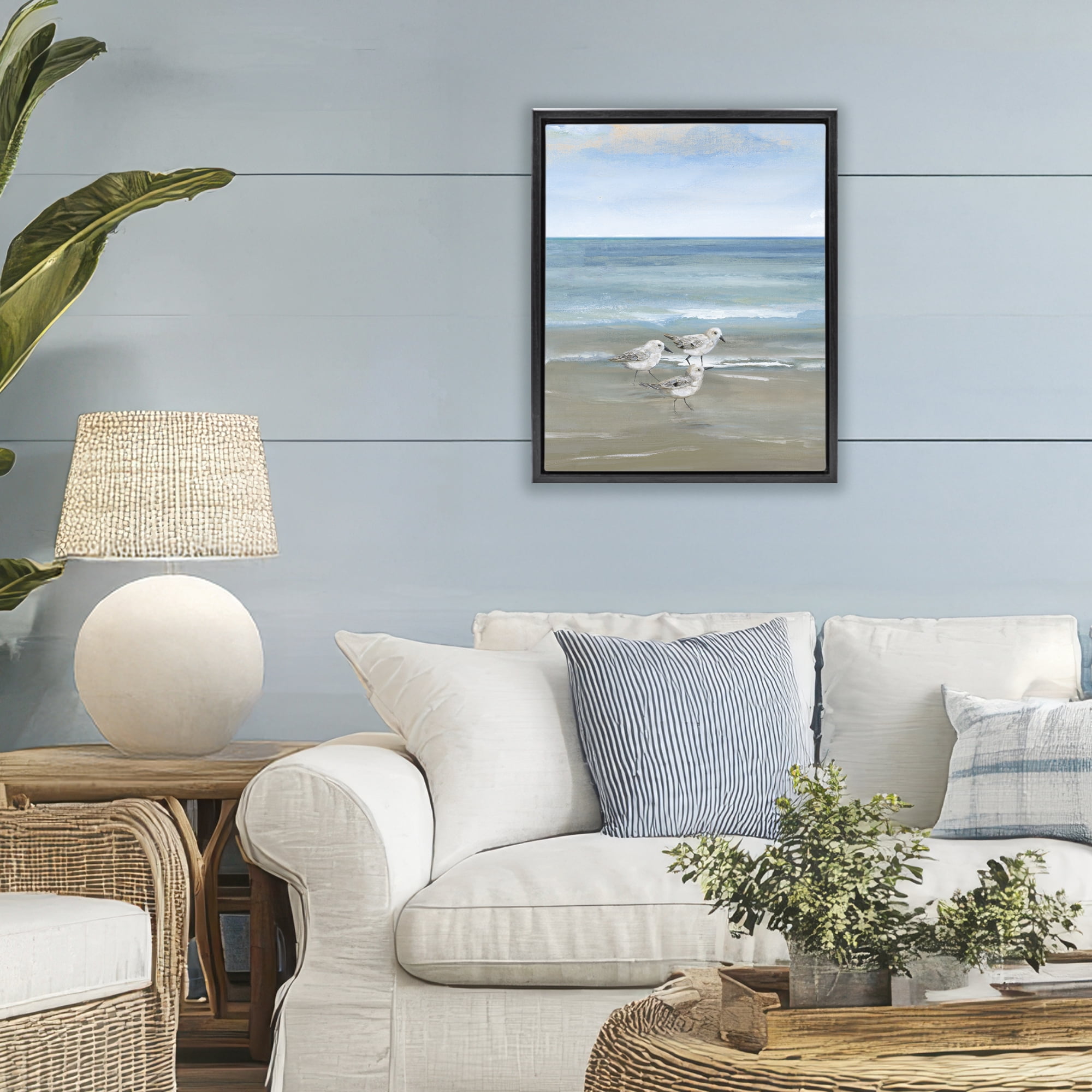 Stupell Industries Three Shorebirds & Gentle Waves Black Framed Floater Canvas Wall Art, design by Nan