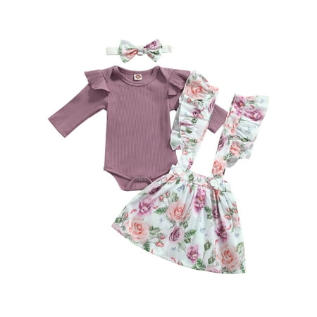 

Inevnen Baby Girl’s Long Sleeve Romper and Flower Suspender Skirt Headband