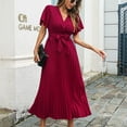 thumbnail image 3 of SWSMCLT Women's Summer Swing Elegant Long Dress V-Neck Wrap Sundress Fit & Flare Fashion Spring Short Sleeve Pleated Dresses Burgundy X-Large, 3 of 4