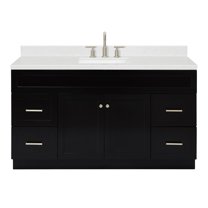 ARIEL Hamlet 60" Black Bathroom Vanity, 1.5" Edge Carrara Quartz Countertop, Single Oval Sink, 2 Soft Closing Doors, 4 Full Extension Dovetail Drawers, Toe Kick, Brushed Nickel