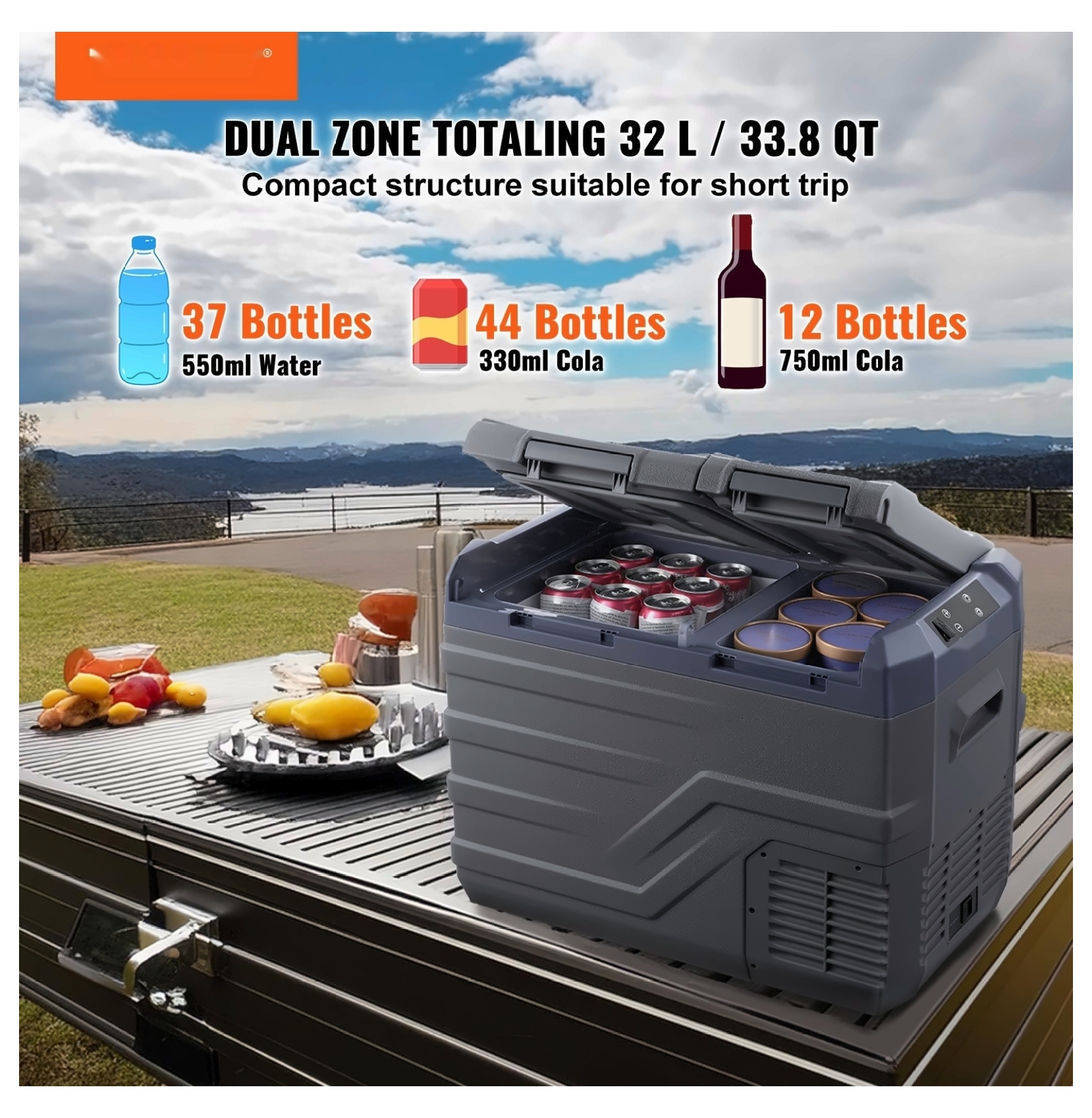Portable Car Refrigerator Freezer 32L Dual Zone, Compressor 12V/24V & 110V-240V, Rapid Cooling -20°C, Bluetooth Control for Car, RV, Camping