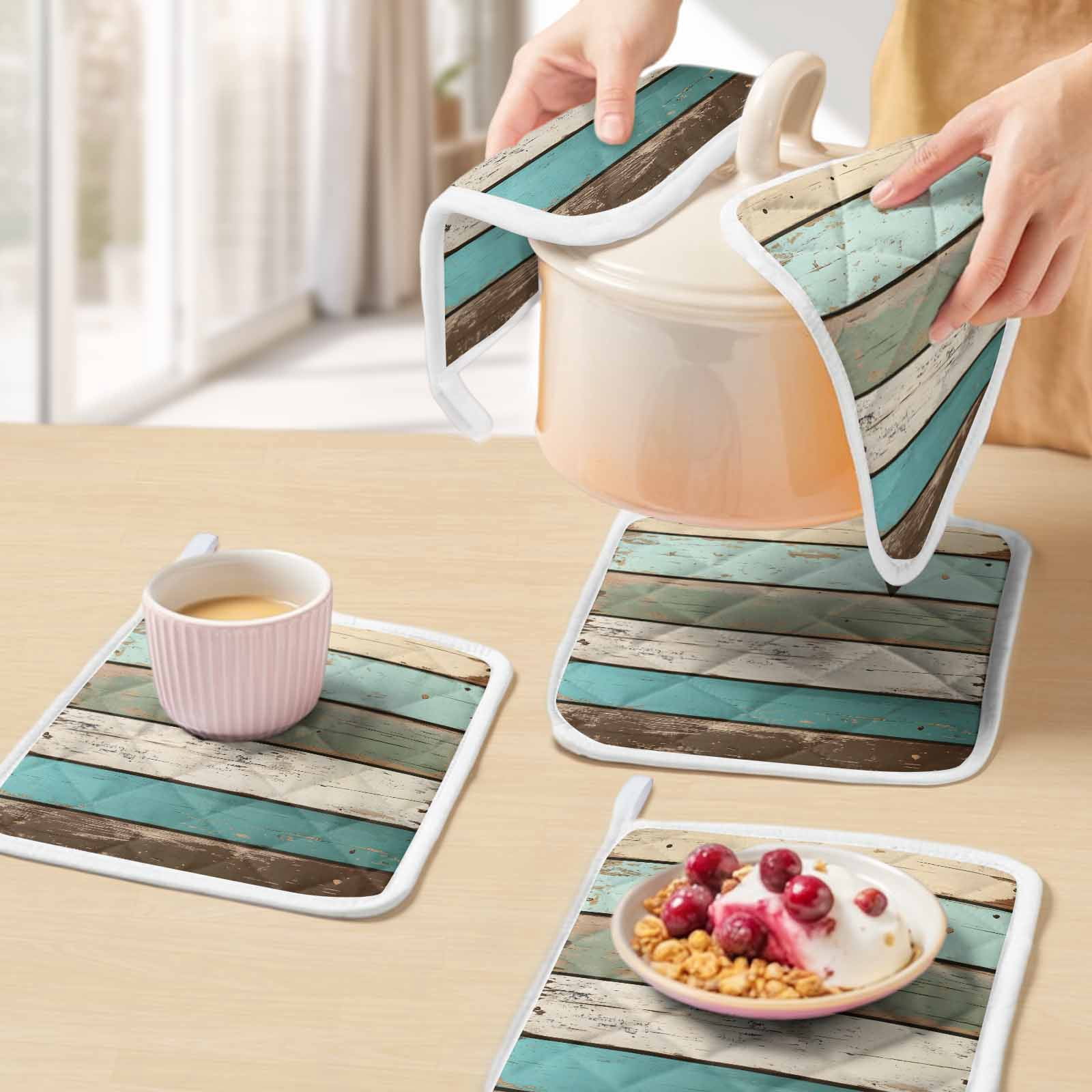 Farmhouse Teal Brown Pot Holders for Kitchen Heatproof Potholder, 4 Pack Vintage Ombre Wooden Hot Pads Multipurpose Oven Pads Cloth Potholders Trivet for Cooking and Baking