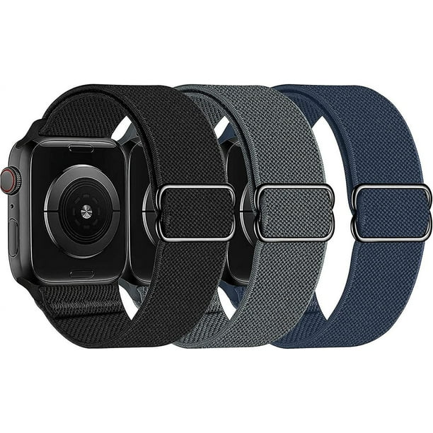 Bandas elásticas de nailon Solo Loop compatibles con Apple Watch 45 mm, 41 mm, 44 mm, 40 mm, 42 mm, 38 mm, correa para Iwatch Series 7/6/5/4/3/2/1 Se, paquete de 3 Q 38 negro