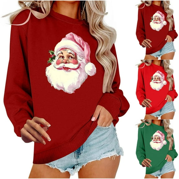 Mifsaly Christmas Sweatshirts for Women Oversized Xmas Santa Print Long Sleeve Pullover Tops Bright and Merry Crewneck Shirts Festiva Party Loose T-Shirts 2025 Holiday Funny Gifts