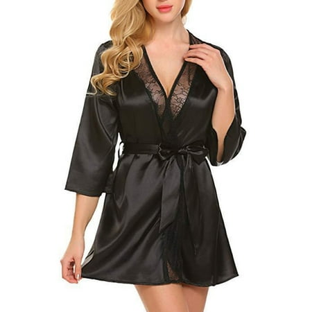 

YXGla Women Solid Color Sexy V Neck 3/4 Sleeve Lace Stitching Belt Loose Nightgown