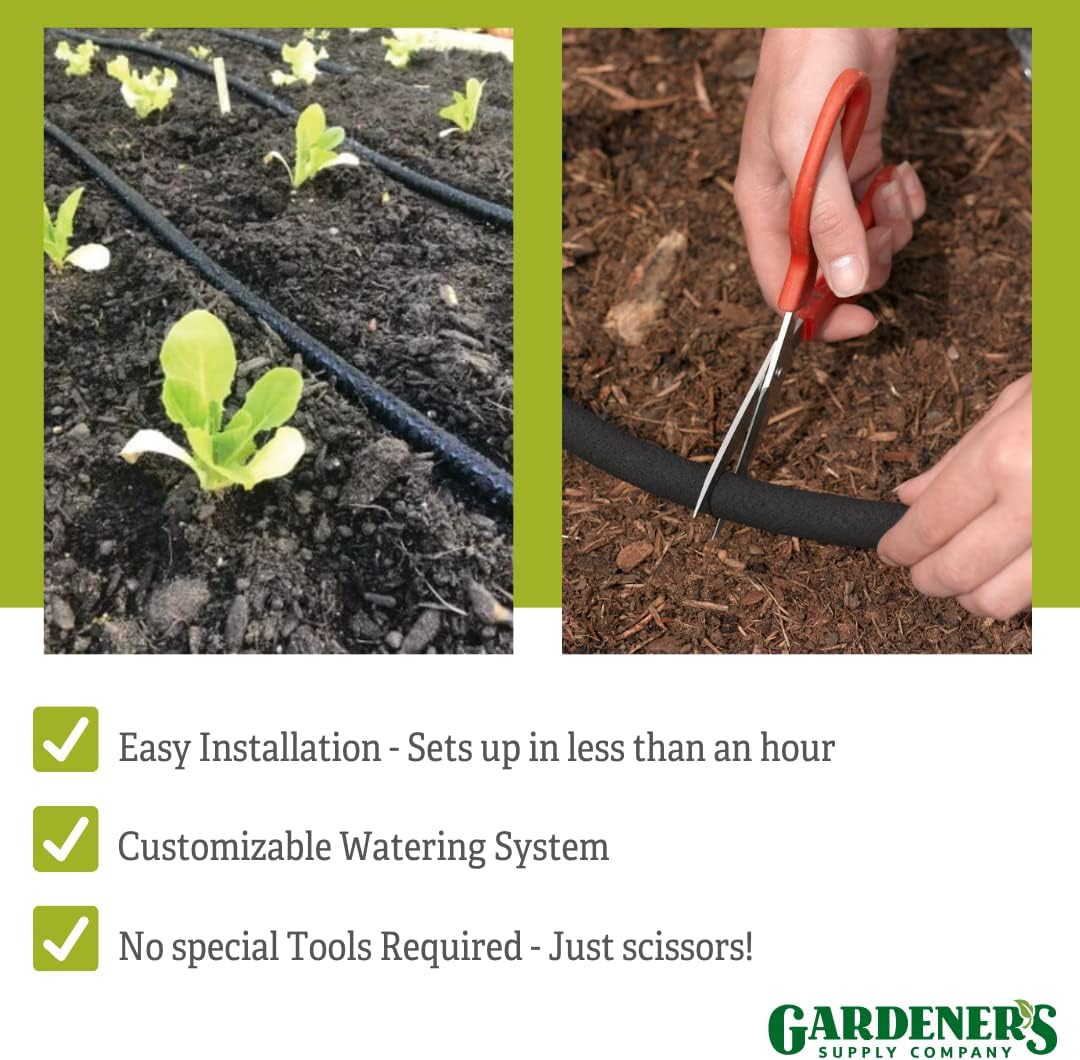 Gardener's Supply Company Snip-n-Drip Irrigation Kit | Outdoor Customizable Self-Watering Sprinkler Soaker Hose System | Supplys 4 25 Foot Garden Rows