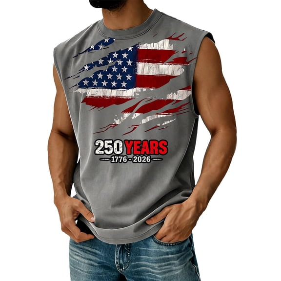 Hogleaql 250 Anniversary USA Tank Top Men's Muscle American Flag Print Sleeveless Shirt Crewneck Patriotic Gym Dressy Shirts for Men Light Gray 4XL