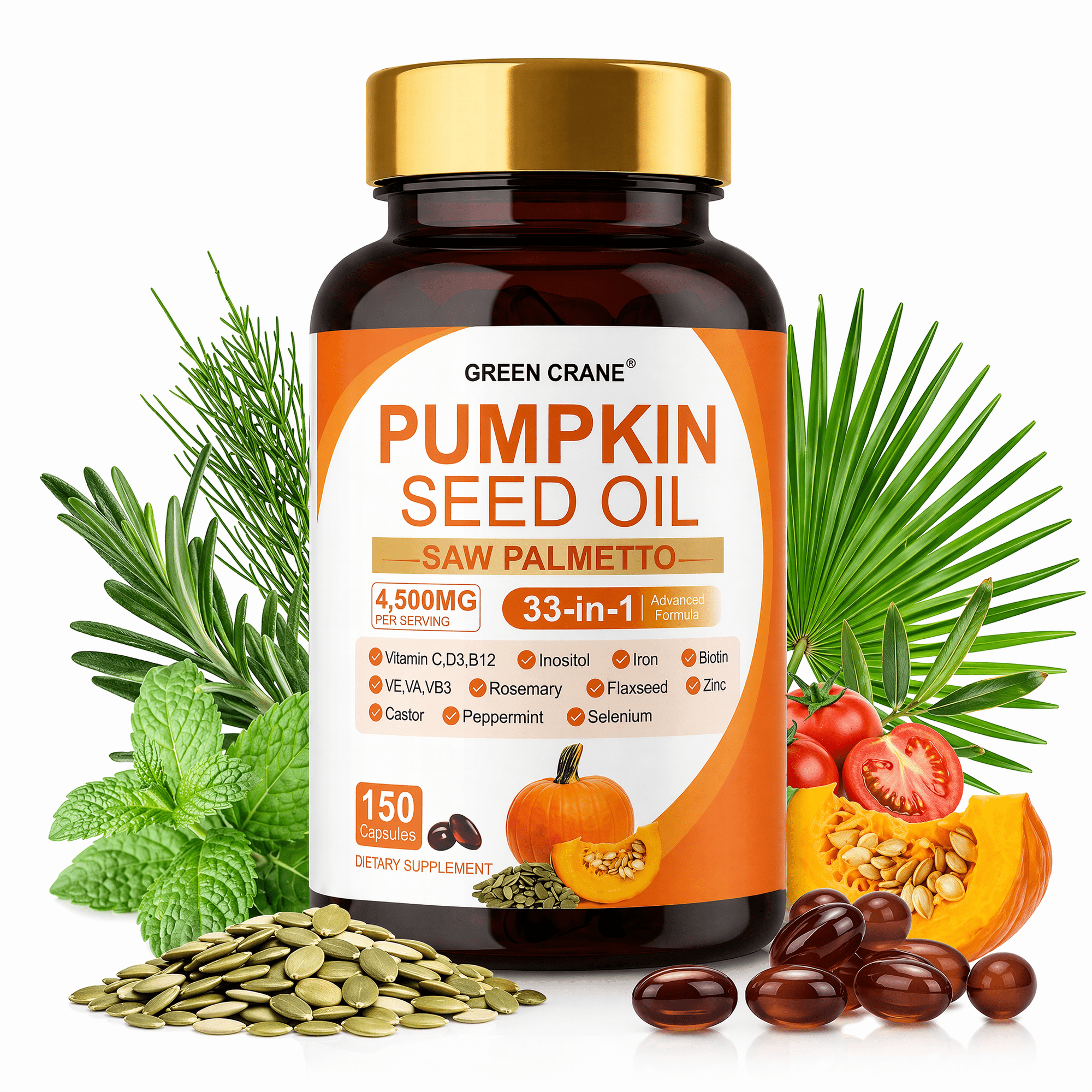 GREEN CRANE Pumpkin Seed Oil with Saw Palmetto Capsules – 4,500mg for Hair, Prostate & Skin, 33-in-1 with Biotin, C D3 B12, Zinc – 150 Ct