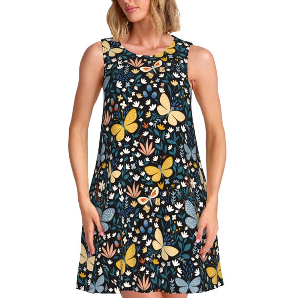 Balery Flowers Butterfly Vestidos de verano para mujer con estampado: vestido holgado sin mangas, vestido playero informal y cómodo para días calurosos.