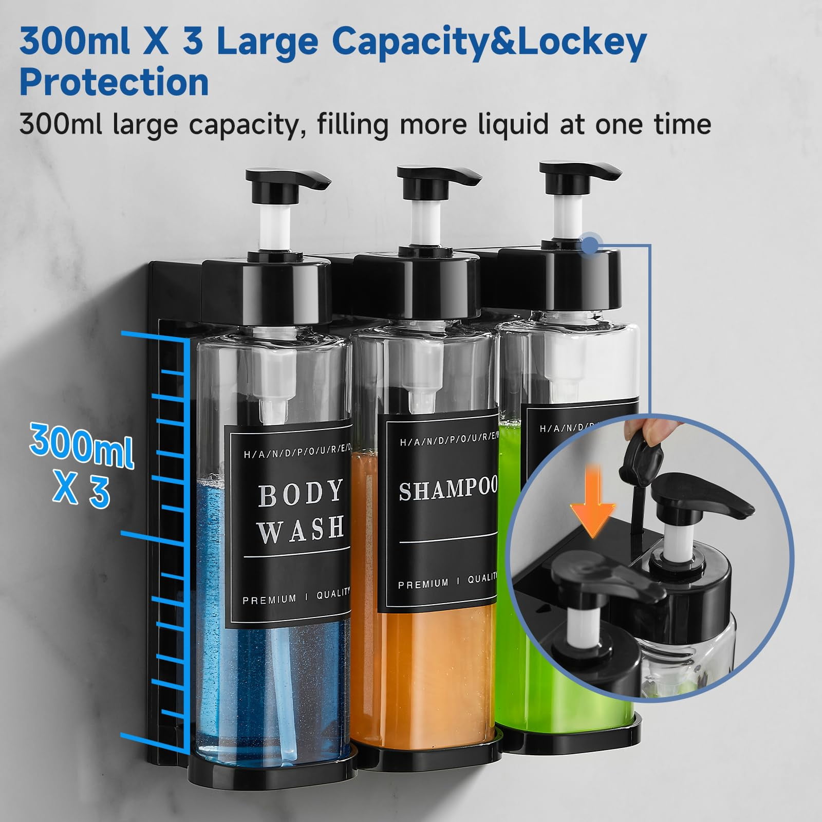 Shampoo and Conditioner Dispenser,Shower Soap Dispenser 3 Chamber No Drill Wall-Mounted Large Capacity