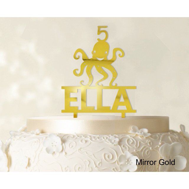 Birthday Custom Name Cake Topper With Octopus Figure Mirror Gold Cake Topper Cake Decorations Color Option Available 6-7 Inches Wide
