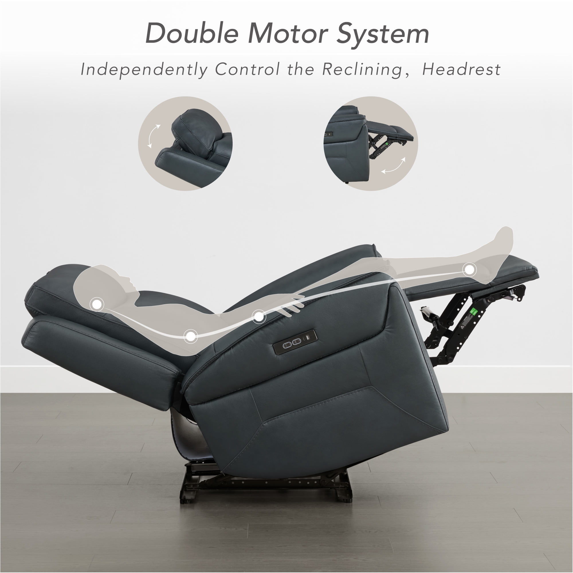 ReNest Dual Motor Power Recliner with Super Zero-Gravity Mode, Top-Grain Leather, USB and Type-C Charging,Navy