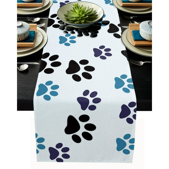 Table Runner Dresser Scarves 90 Inch Long, Animal Puppy Dog Footprint Linen Dining Table Runners Blue Purple Black Paw on White Tabletop Scarf for Wedding Holiday Party Kitchen