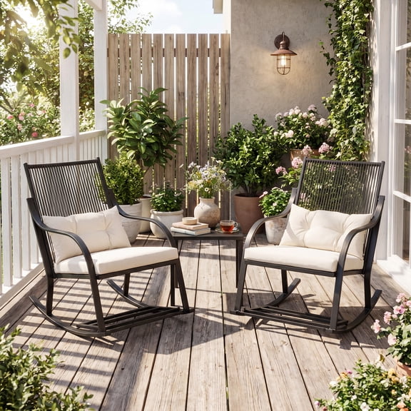 3 Piece Steel Rocking Patio Bistro Set with Adjustable Footrest, White