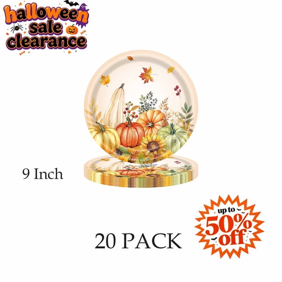 FEOLGEHLY 20Pcs Thanksgiving Fall Pumpkin Leaves Tableware Party Supplies Set, 9" Disposable Autumn Paper Plates, Thanksgiving Day Dinnerware for Thanksgiving Halloween Fall Decorations