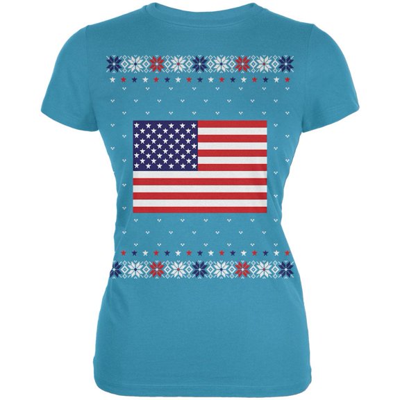 USA American Flag Ugly Christmas Sweater Juniors Soft T Shirt Aqua LG