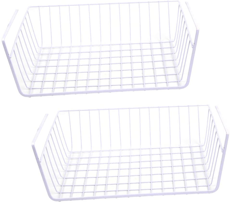 2 Pack White Under Shelf Basket Wire Storage Basket for Kitchen Pantry Desk Bookshelf