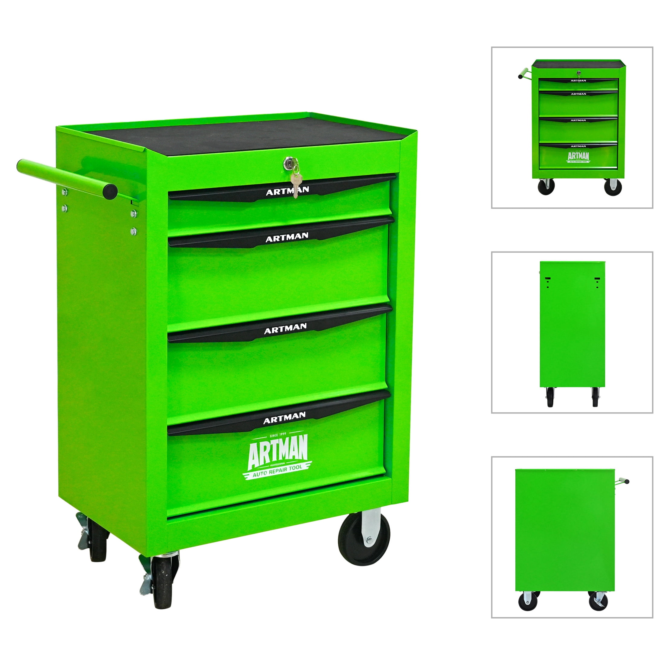 Noble House 4-Drawer Mobile Steel Tool Organizer with Key Lock, Ball Bearing Slide Storage Cabinet Box, Green