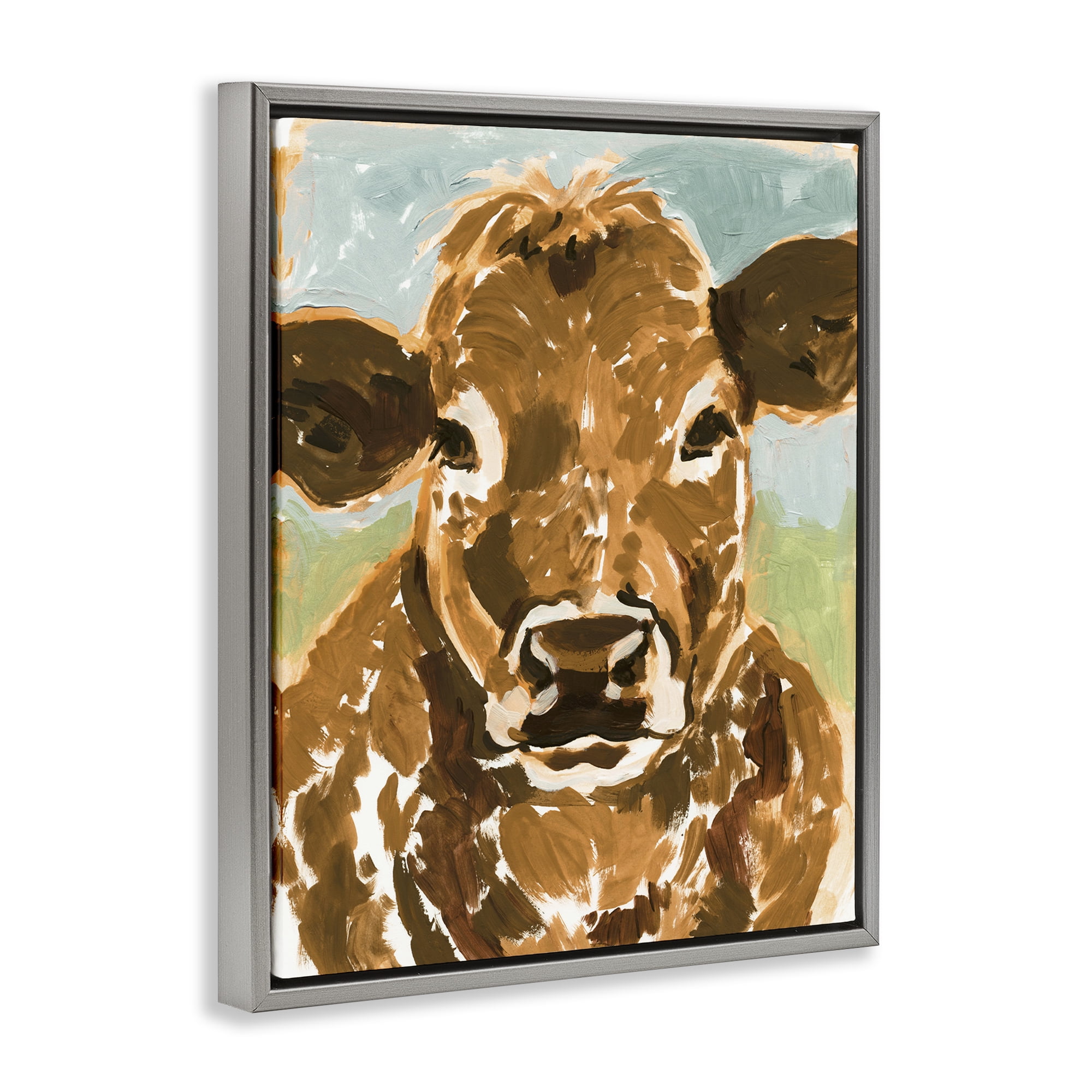 Stupell Industries Spotted Cattle Calf Animals & Insects Painting Gray Floater Framed Canvas Art Print Wall Art, 17 x 21