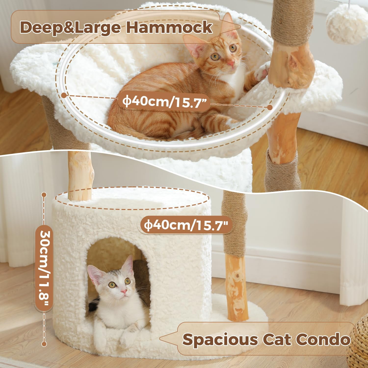 Natural Wood Cat Tree with Wicker Basket and Hammock, 40 Inch Tall Cat Tower with Cozy Condo, Scratching Posts for Indoor Cats, Beige