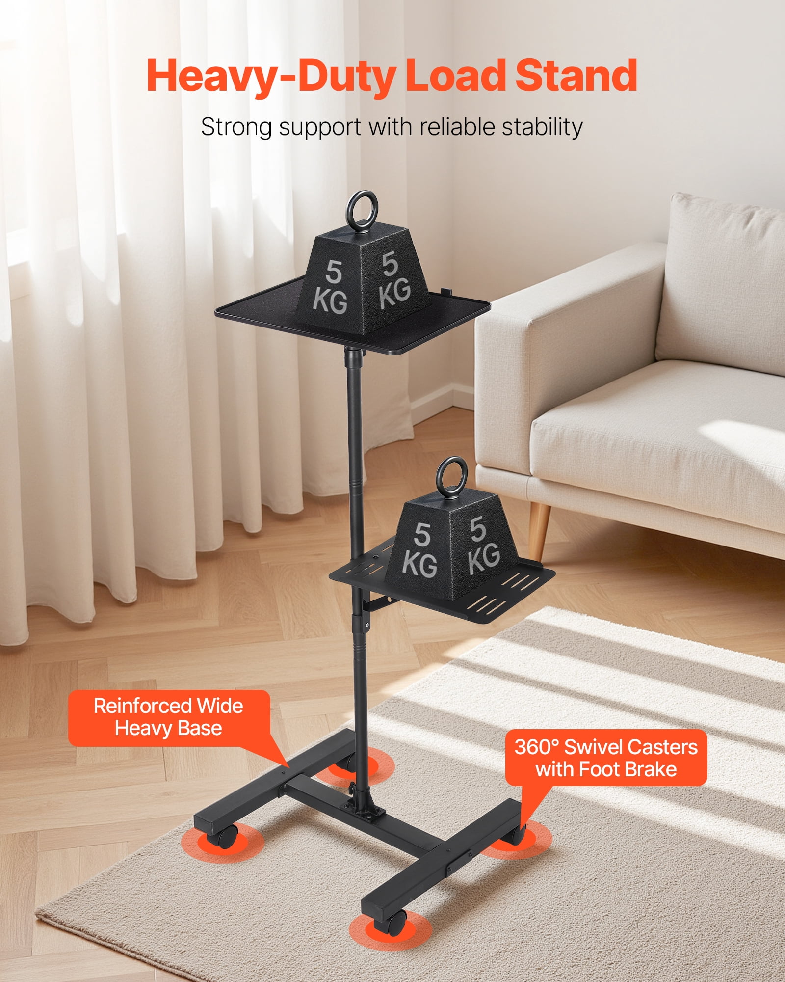 VEVOR Projector Stand, 2 Shelves Laptop Floor Stand, Projector Stands Table with Adjustable Height 33.86 to 53.54 inch, I-Beam Frame Projectors Stands Tripod for Meetings, Outdoor Movies, Video Stand