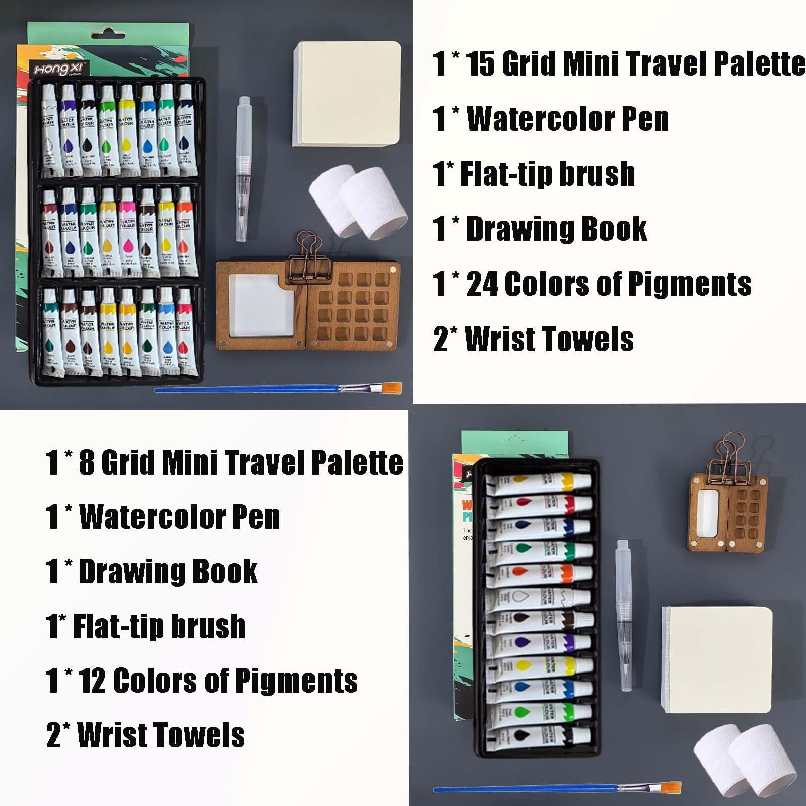 Tobio Watercolor Kit, 2025 New Tobio Mini Watercolor Set with A Picture Book & Wrist Towels, Mini Watercolors Paint Set for Beginners with 12/24 Color Paints (Walnut-15 Grids)