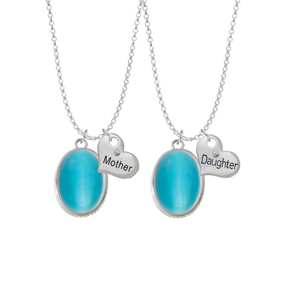 Delight Jewelry Silvertone Oval - Imitation Cat's Eye - Dark Teal - Mother & Daughter Heart Necklaces (Set of 2), 19"+2"