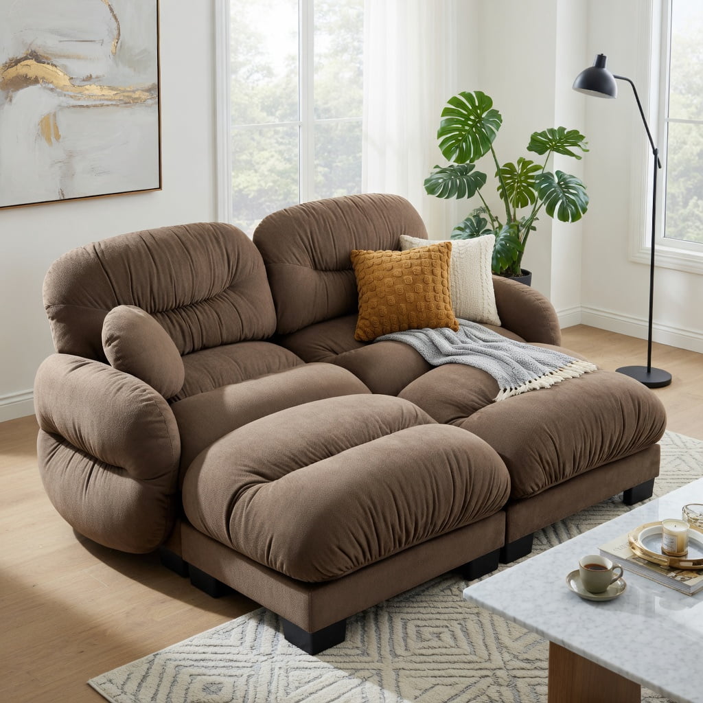 Hommoo Chenille 2-Seater L-Shaped Modular Sectional Sofa with Ergonomic Foam, Curved Armrests, 2 Ottomans & 2 Throw Pillows, Pleated Back Design, Brown