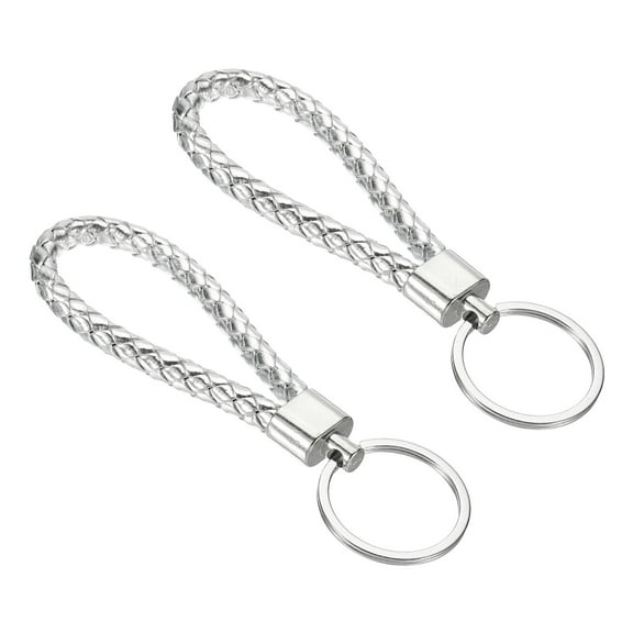 Uxcell Braided Leather Keychain, 2 Pack PU Key Ring Lanyard Strap, Silver