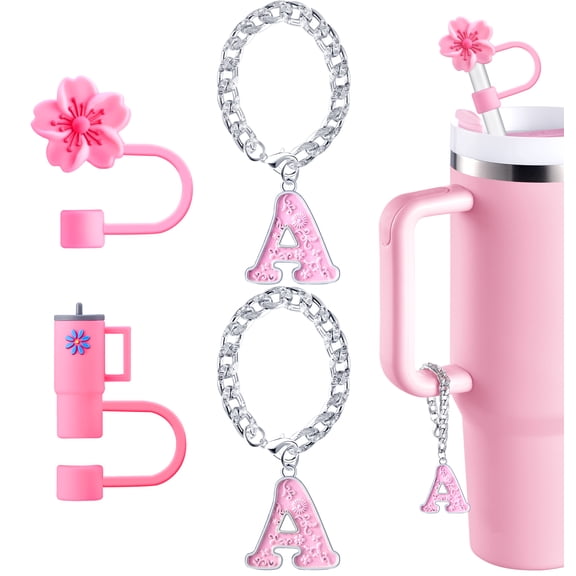 Straw Cover for Stanley Cup Accessories - Unique Letter Charms for Stanley Cups, Cute Flower & Cup Silicone Straws Topper Covers for 30 & 40 0z Tumbler with Handle, 10mm 0.4in Straw Cap