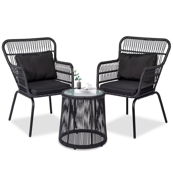 Tappio 3-Piece Patio Conversation Bistro Set Rattan Furniture, Outdoor Patio Set w/Glass Top Table & Cushions for Garden Balcony Backyard Poolside, Black/Black