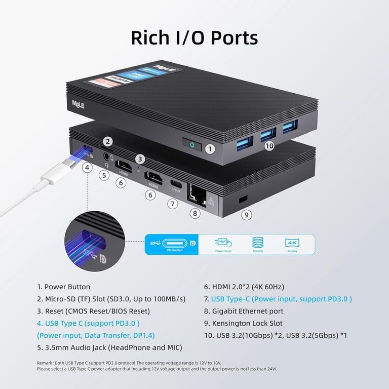 MeLE Compact Fanless Mini PC Quieter3C, Bluetooth, USB-C, 4K UHD