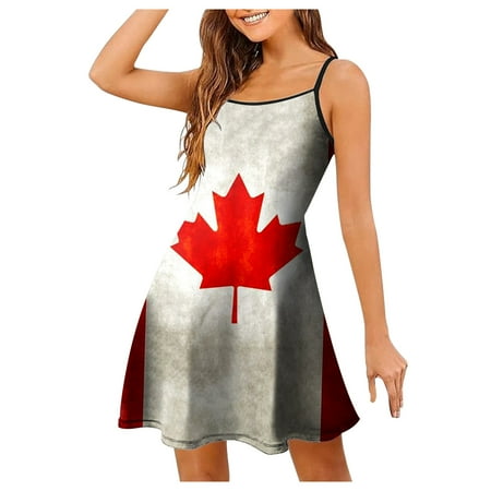 OJSFQUFP Women Dress Grey Women s Fashion Spring and Summer Canadian Print Adjustable Strap Bra Sexy Casual Dress Mini Party Dress L2