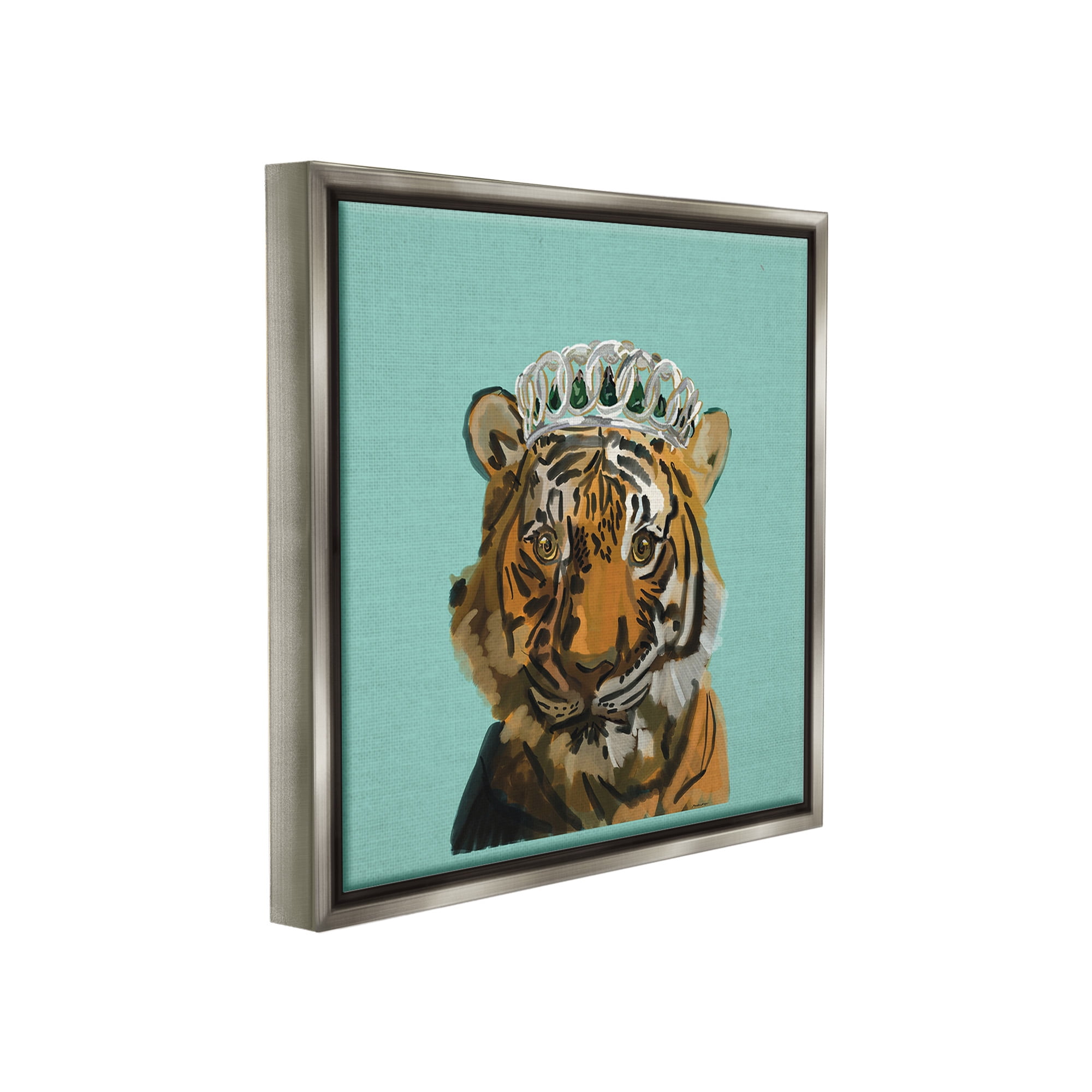 Stupell Industries Tiger Wearing Crown Animals & Insects Painting Gray Floater Framed Canvas Art Print Wall Art, 25 x 25