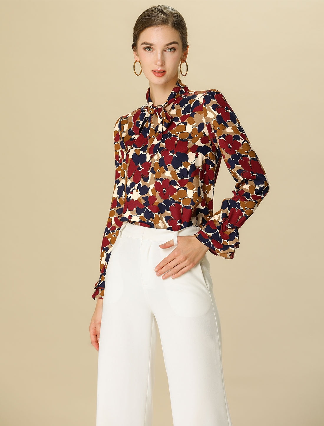 DARING DIVA Women's Tie V Neck Floral Shirt Trumpet Blouse S Red