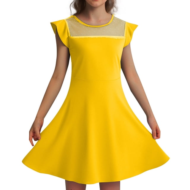 Dresses for Girls Kids Child Girls Summer Ruffle Sleeve Mesh A Line Dress Solid Color Casual Dresses with Pockets Robe Enfant Fille Yellow 5 Years-6 Years