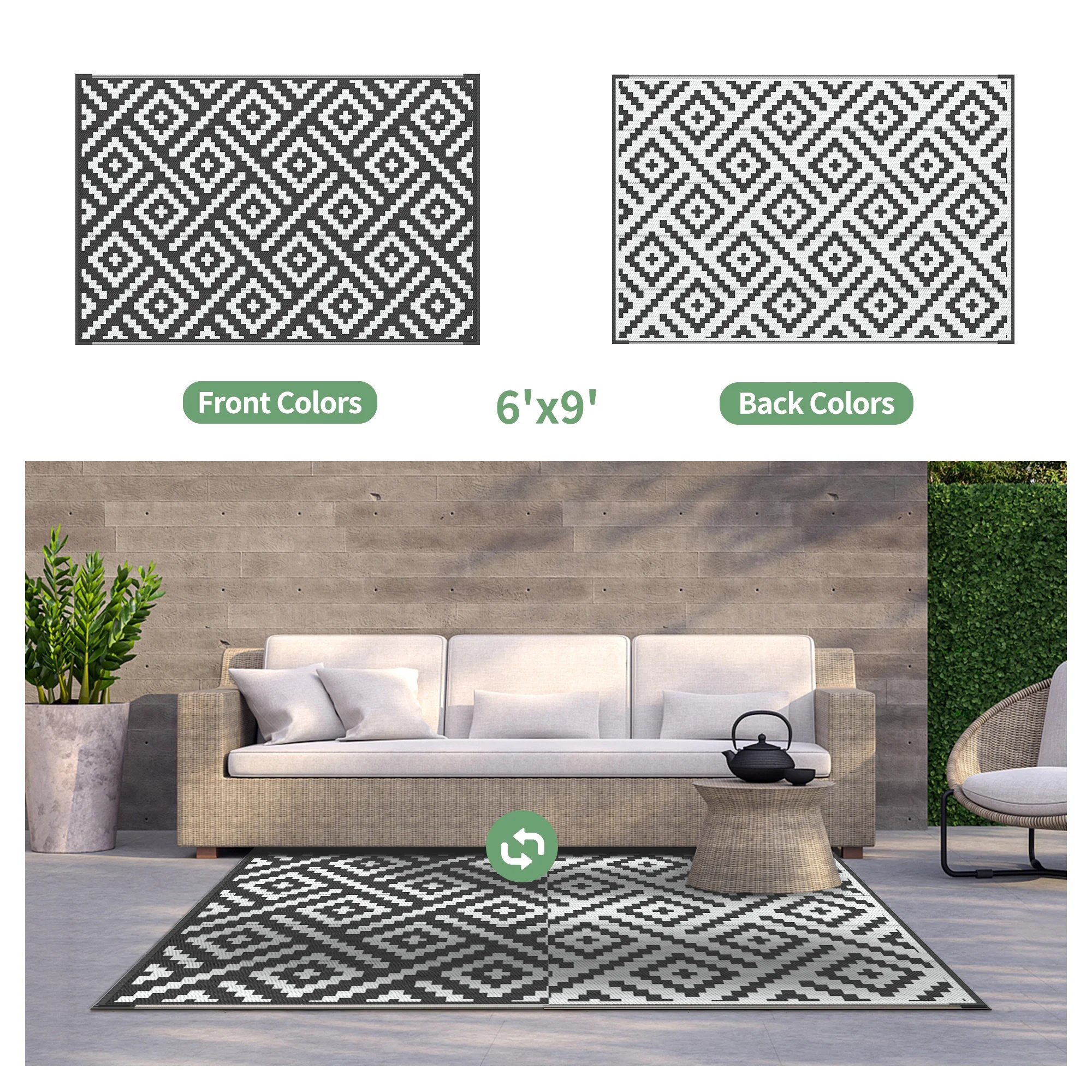 DEORAB 6'x9' Waterproof Reversible Outdoor Rug, Black & White photo 2