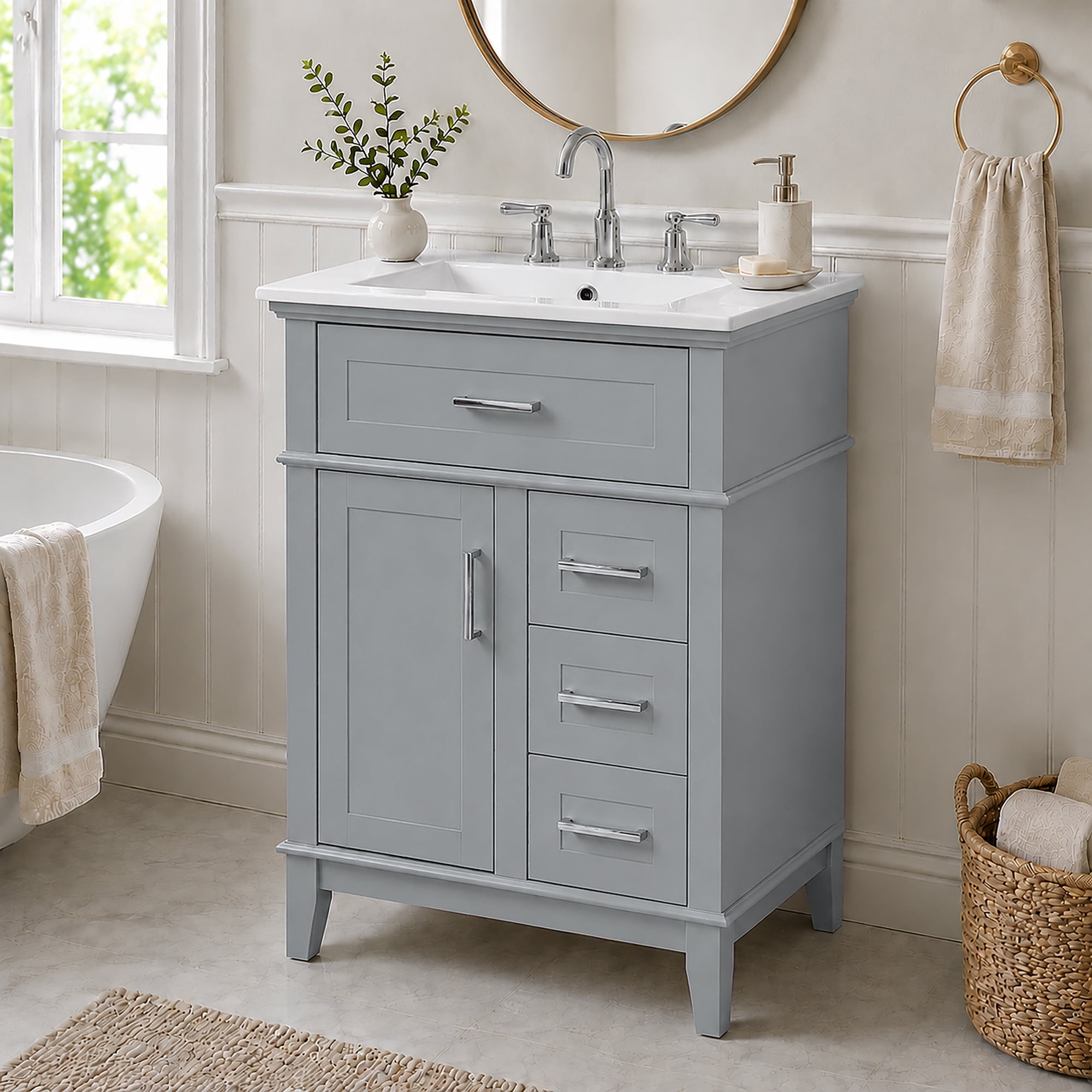 GARITIN 24 Inch Bathroom Vanity with Ceramic Sink, Solid Wood Frame & MDF Cabinet, 1 Door, Flip Drawer & 3 Drawers, Soft Close Hinges, Adjustable Shelf, Gray