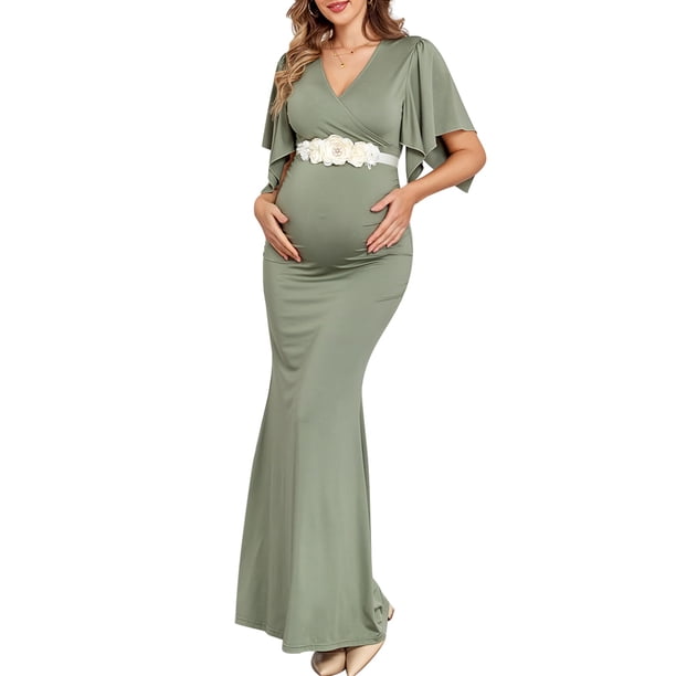 Vestido largo de maternidad AISWI con faja de flores y cuello en V, color verde salvia