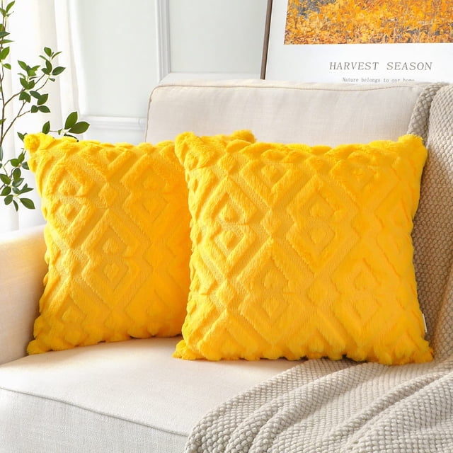 Juego de 2 Fundas de Cojines Decorativas, Lana de Terciopelo Corta, Felpa Suave, Estilo Lujoso, para sofá, Dormitorio, Diamante Moderno, Amarillo Dorado, 45 x 45 cm