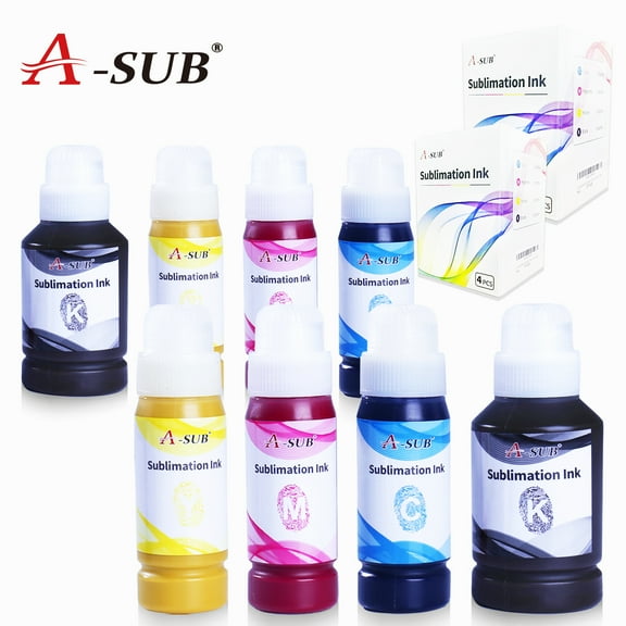 A-SUB Sublimation Ink, 8 Bottles, 2 Pack, Compatible with Epson 502 522 ET-2720 ET-2760 ET-2800 ET-2803 ET-2400 ET-4700 ET-4760 ET-4800 Heat Transfer on Mugs, Tumblers, T-Shirts