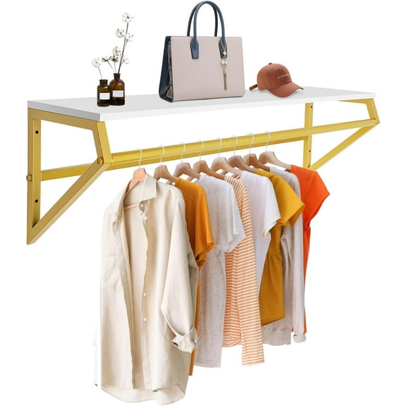 Clothes Rack with Top Shelf, 40in Wall Mounted Umbrella Holder Clothing Rack with Hanging Rod, Space-Saving Garment Display Rack for Closet Storage, Entryway, Bedroom, Store