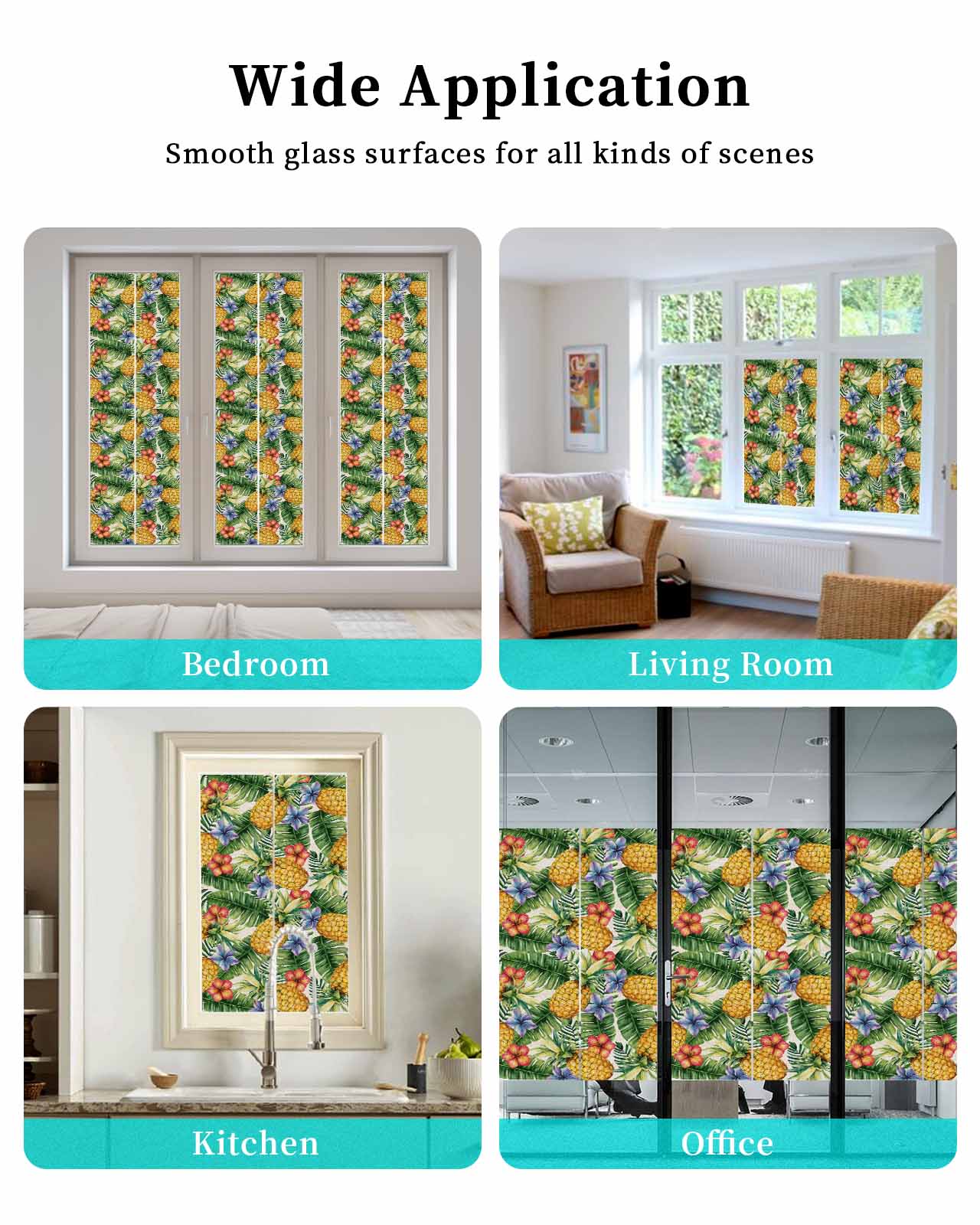 Window Privacy Film Pineapple Stained Glass Window Film Decorative Sun Block Window Cover Tropical Plants Flowers Fruit Watercolor Window Clings Static Adhesive Sticker for Bathroom 17.7"x78.7"