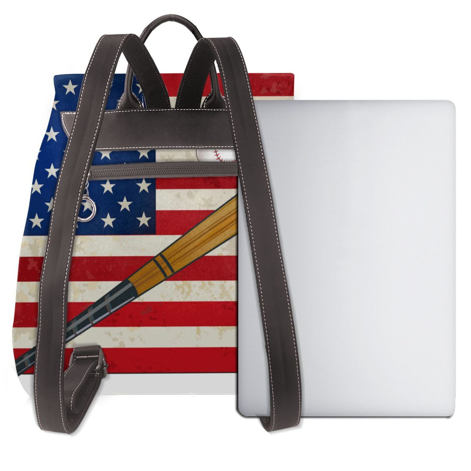 Xecao American Flag And Baseball Print Large Backpack Soft Leather for Women Travel with Compartment, Adjustable Convertible Strap