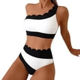 thumbnail image 2 of Pounoo Womens Two Piece Swimsuits One Shoulder Scalloped Edge Color Block High Waisted Bikinis Retro Beach Swimwear Gift, 2 of 5