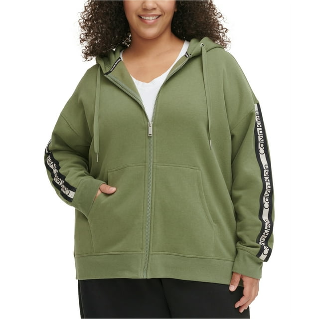 Calvin Klein Womens Logo Stripe Hoodie Sweatshirt, Green, Plus Size, 1X