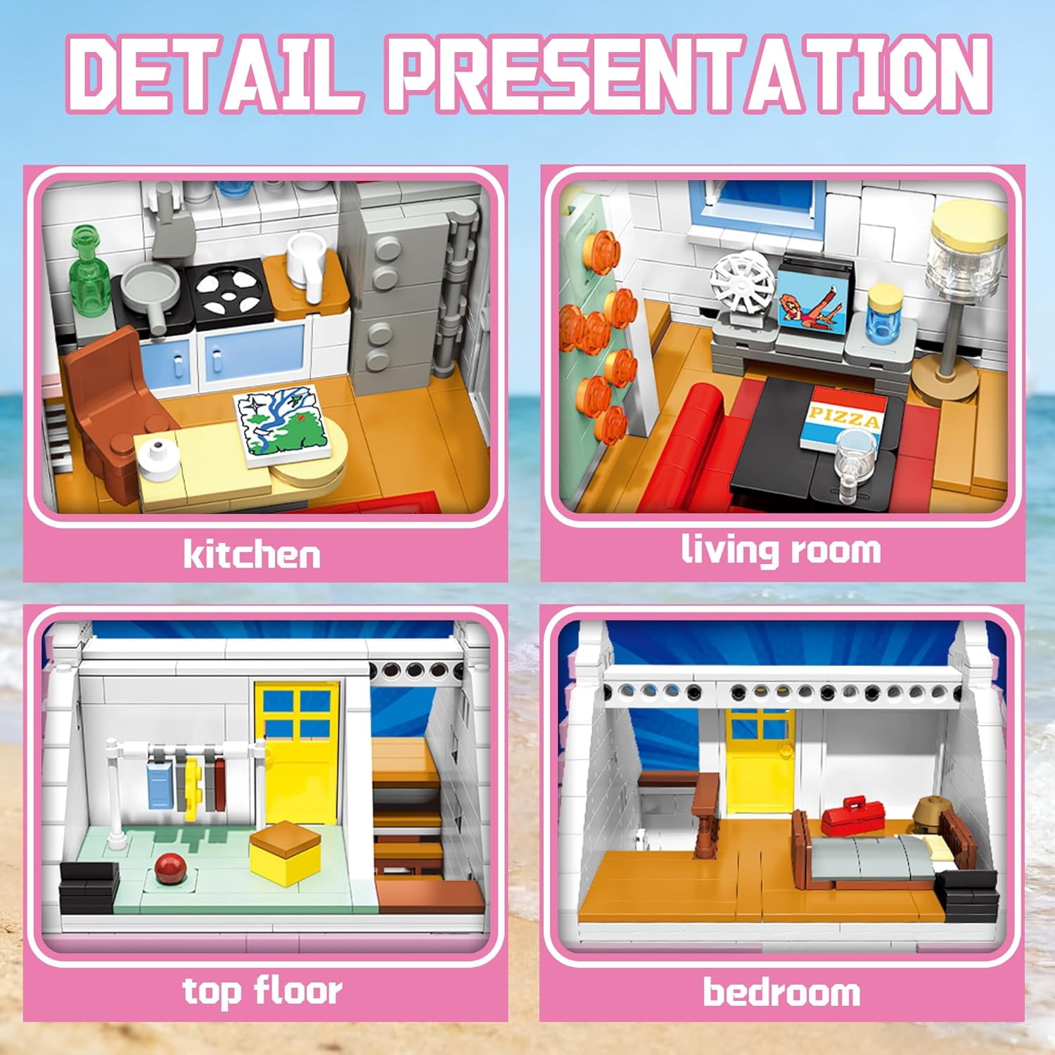 Pink Island House Building Set, Seaside Villa Cabin Compatible with Lego Collection Model Kit 1434PCS