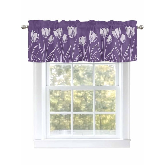Purple Tulip Flowers Valances for Windows, Rod Pocket Kitchen Valance Curtains - Soft & Washable Small Window Treatment for Living Room, Bathroom, Floral Plant 54x18inch, 1 Panel