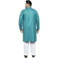 thumbnail image 3 of Men's Plus Size Solid Pure Cotton Kurta with Pyjamas Pathani shape Mandarin collar, long roll-up sleeves, Color: Turquoise, Size: XXL, 3 of 5