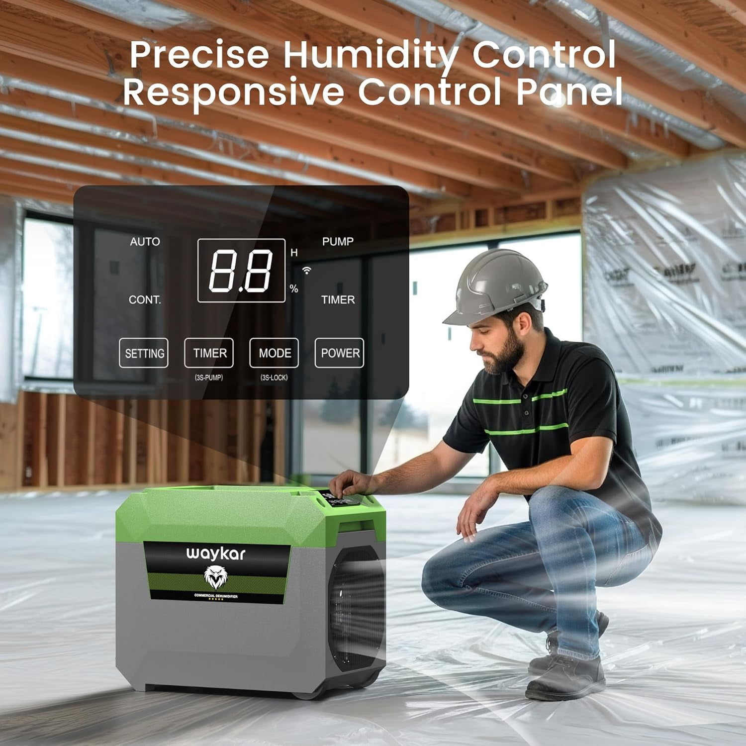 Waykar 150 Pints Commercial Dehumidifier with Pump for Large Areas up to 7,500 Sq. Ft, Stackable Industrial Dehumidifier for Crawl Spaces, Basements, and Water Damage Restoration — 5 Year Coverage